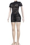 White Sexy Solid Patchwork See-through O Neck Short Sleeve Two Pieces