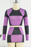 Purple Casual Patchwork Contrast O Neck Long Sleeve Two Pieces