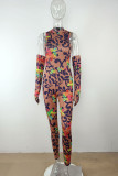 Blue Sexy Print Patchwork O Neck Skinny Jumpsuits