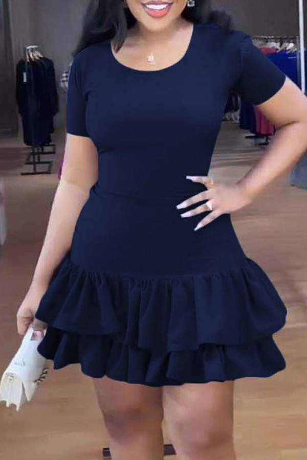 Navy Blue Sexy Solid Bandage Patchwork Flounce O Neck A Line Dresses