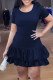 Navy Blue Sexy Solid Bandage Patchwork Flounce O Neck A Line Dresses