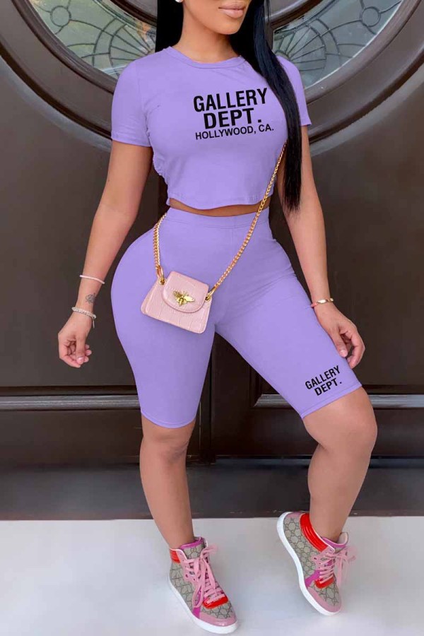 Purple Sexy Print Backless Letter O Neck Short Sleeve Two Pieces