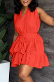 Watermelon Red Casual Sweet Solid Patchwork Flounce With Belt Asymmetrical V Neck A Line Dresses