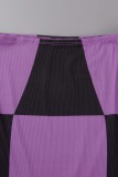 Purple Casual Patchwork Contrast O Neck Long Sleeve Two Pieces