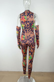Blue Sexy Print Patchwork O Neck Skinny Jumpsuits