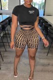 Blue Casual Print Letter O Neck Short Sleeve Two Pieces