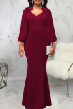 Blue Elegant Solid Patchwork Asymmetrical Collar Evening Dress Dresses