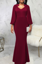 Burgundy Elegant Solid Patchwork Asymmetrical Collar Evening Dress Dresses