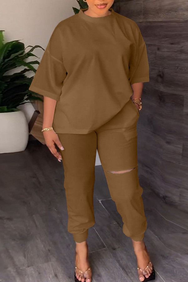 Brown Casual Solid Ripped Patchwork O Neck Half Sleeve Two Pieces