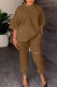 Brown Casual Solid Ripped Patchwork O Neck Half Sleeve Two Pieces