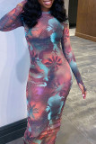 Colour Sexy Print Patchwork O Neck Pencil Skirt Dresses