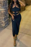 Black Sexy Solid Bandage Hollowed Out Backless Slit Halter Sleeveless Dress Dresses