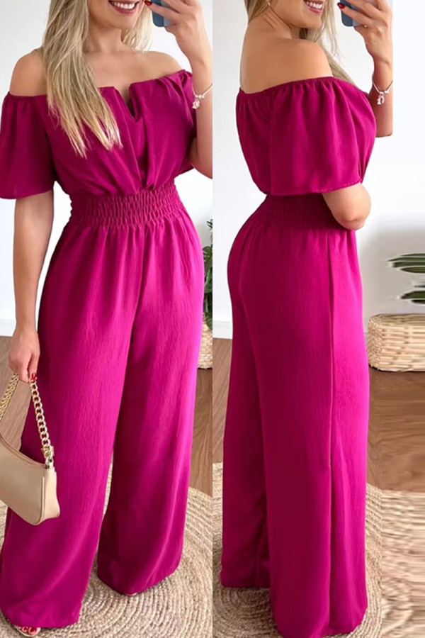 Rose Red Casual Solid Patchwork Off the Shoulder Regular Jumpsuits