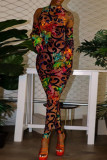Blue Sexy Print Patchwork O Neck Skinny Jumpsuits