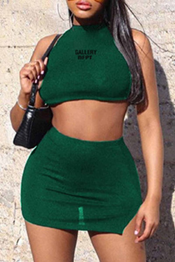 Ink Green Street Print Letter O Neck Sleeveless Two Pieces