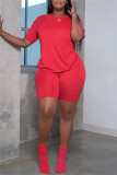 Red Casual Solid Basic O Neck Short Sleeve Two Pieces