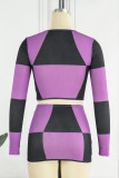 Purple Casual Patchwork Contrast O Neck Long Sleeve Two Pieces