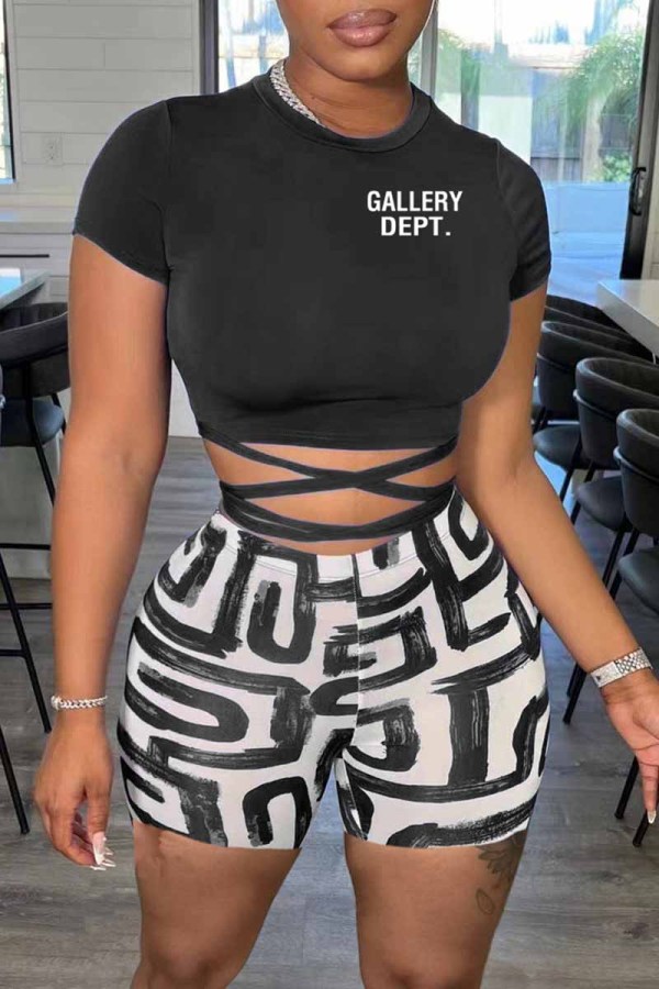 Black Casual Print Letter O Neck Short Sleeve Two Pieces
