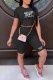 Black Sexy Print Backless Letter O Neck Short Sleeve Two Pieces