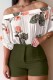 Army Green Casual Print Basic Off the Shoulder Half Sleeve Two Pieces