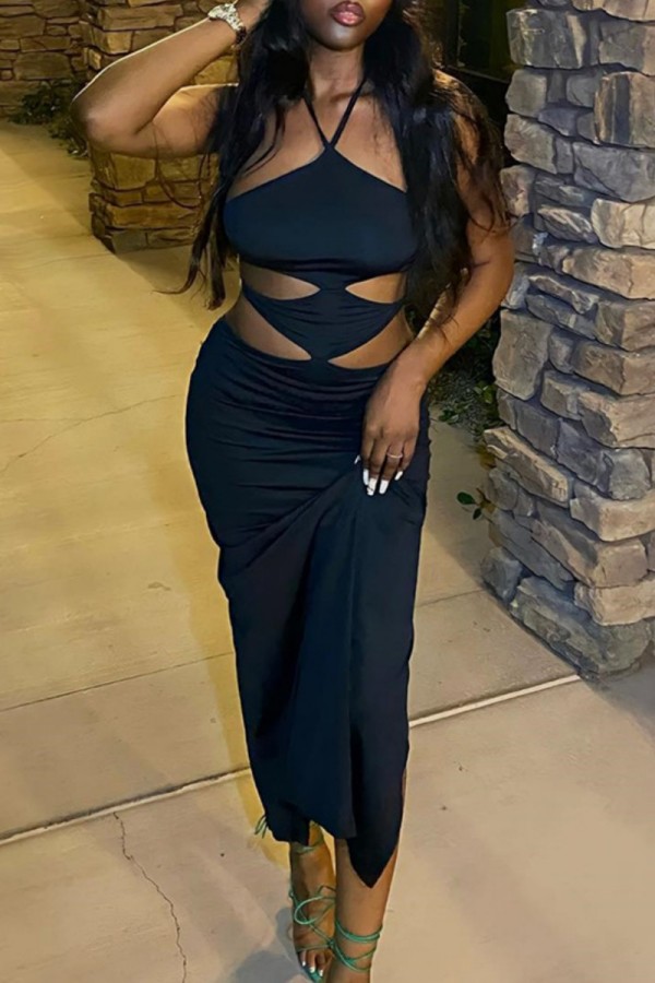Black Sexy Solid Bandage Hollowed Out Backless Slit Halter Sleeveless Dress Dresses
