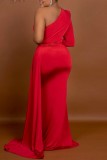 Red Sexy Formal Solid Patchwork Oblique Collar Evening Dress (Without Belt)