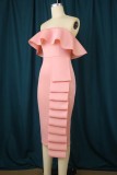 Pink Sexy Solid Patchwork Backless Strapless One Step Skirt Dresses