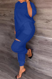 Blue Casual Solid Ripped Patchwork O Neck Half Sleeve Two Pieces