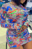 Colour Sexy Print Patchwork O Neck Pencil Skirt Dresses