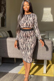 Black and white Sexy Two Piece Suits Patchwork Striped Hip skirt Long Sleeve Two-Piece Dress