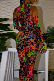 Blue Sexy Print Patchwork O Neck Skinny Jumpsuits