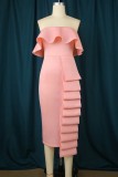 Pink Sexy Solid Patchwork Backless Strapless One Step Skirt Dresses