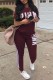 Burgundy Casual Sportswear Letter Print Patchwork O Neck Short Sleeve Two Pieces