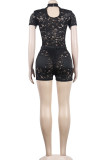White Sexy Solid Patchwork See-through O Neck Short Sleeve Two Pieces