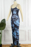 Blue Sexy Print Backless Spaghetti Strap Long Dress Dresses