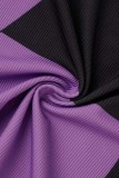 Purple Casual Patchwork Contrast O Neck Long Sleeve Two Pieces