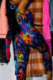 Blue Sexy Print Patchwork O Neck Skinny Jumpsuits