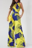 Yellow Casual Print Hollowed Out O Neck Regular Jumpsuits