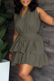 Watermelon Red Casual Sweet Solid Patchwork Flounce With Belt Asymmetrical V Neck A Line Dresses