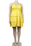 Yellow Sexy Solid Patchwork Spaghetti Strap Sling Dress Plus Size Dresses