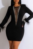 White Sexy Casual Patchwork Hot Drilling See-through O Neck Long Sleeve Dresses