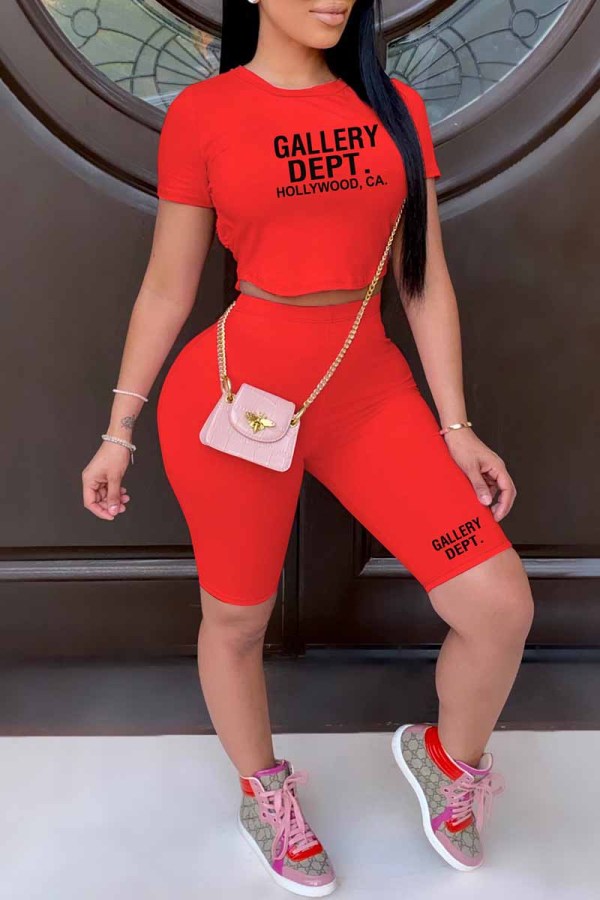 Red Sexy Print Backless Letter O Neck Short Sleeve Two Pieces