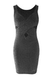 Silver Sexy Solid Hollowed Out V Neck Vest Dress Dresses