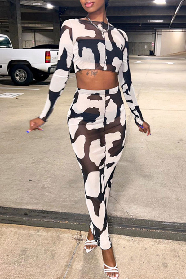 Black And White Sexy Print Patchwork See-through O Neck Long Sleeve Two Pieces