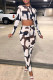 Black And White Sexy Print Patchwork See-through O Neck Long Sleeve Two Pieces