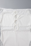 White Sexy Solid Hollowed Out Patchwork See-through Pearl Off the Shoulder Skinny Rompers