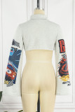 Grey Sexy Street Print Patchwork Turtleneck Tops
