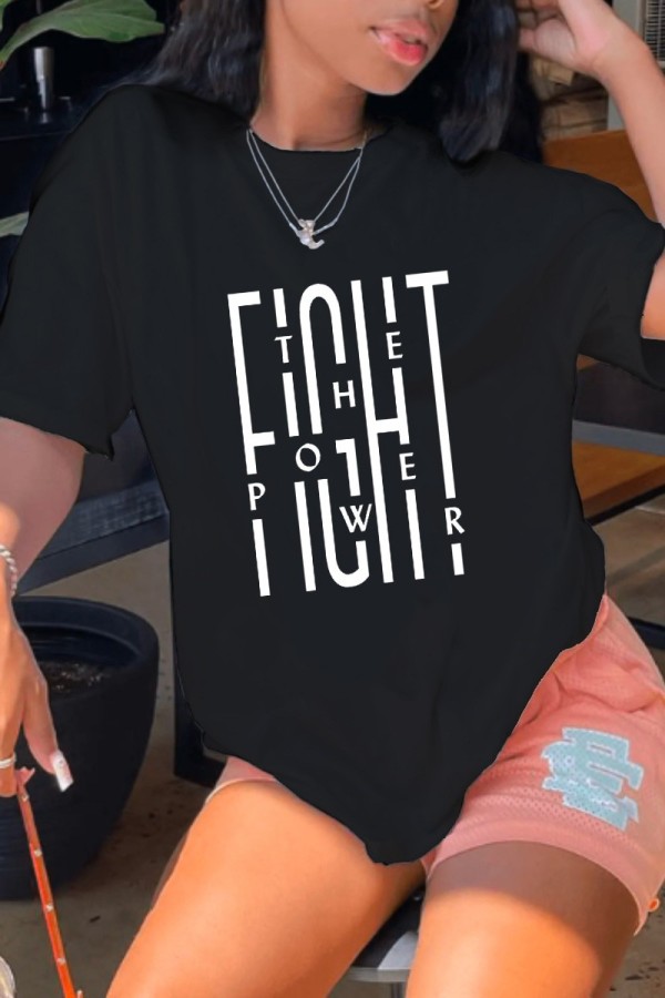 Black Casual Letter Print Basic O Neck T-Shirts