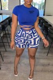 Blue Casual Print Letter O Neck Short Sleeve Two Pieces