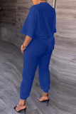 Blue Casual Solid Ripped Patchwork O Neck Half Sleeve Two Pieces